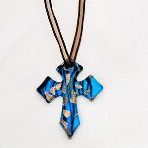 Transparent Blue Glass Cross w/Gold Metallic Accents & Ribbon Hanger or Necklace
